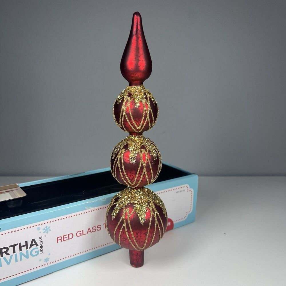 Martha Stewart Living 12" Red Glass Gold Glitter 4-Tier Tree Topper w/ Box EUC - Picture 3 of 6